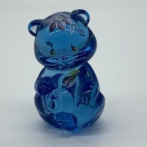 Fenton Hand-Painted Blue Bear. Floral Motif.